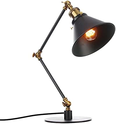 Industrial Metal Desk Lamp with Adjustable Swing Arm - Vintage Bedside Table Light for Bedroom, Retro Cafe Reading Lamp in Black and Gold Finish