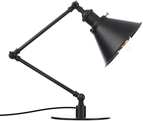 Industrial Metal Task Table Lamp - Adjustable Swing Arm Vintage Desk Lamp for Bedroom, Bedside Night Light, Retro Cafe Reading Light in Black & Gold Finish