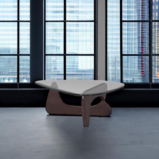 Triangle Glass Coffee Table Modern Coffee Table, with Vintage Clear Glass, and Solid Wood Base, End Table for Living Room, Office, Balcony, Patio (Dark Walnut)