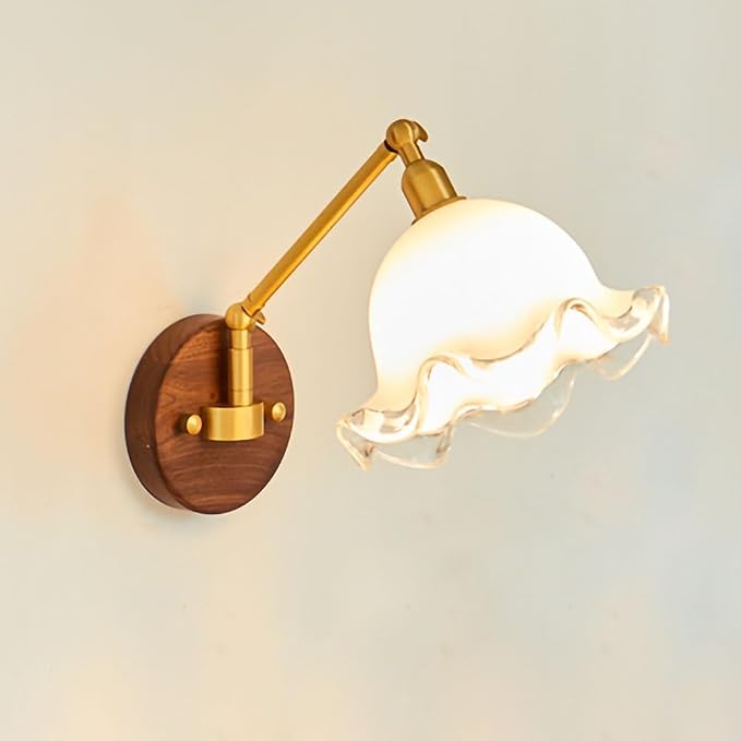 Antique Retro Walnut Copper Swing Arm Wall Lamp - Decorative Bedside Lamp for Bedroom, Study, and Living Room