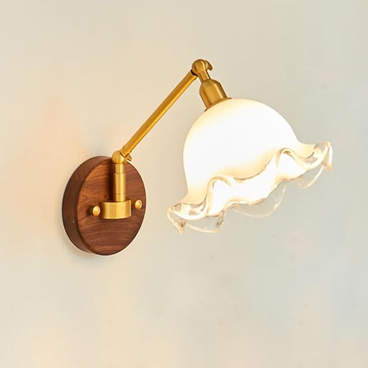 Antique Retro Walnut Copper Swing Arm Wall Lamp - Decorative Bedside Lamp for Bedroom, Study, and Living Room