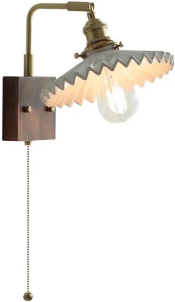 Adjustable Swing Arm Wall Lamp - Modern Walnut Base & Brass e, Retro Design with Pull Chain, Perfect for Bedroom & Living Room Lighting (White)
