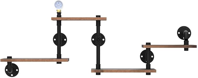 Industrial Rustic Modern Solid Wood Ladder Pipe Wall Mounted Floating Shelves – 4 Tiers Bookshelf,DIY Storage Shelving,Hung Bracket,Bookcases
