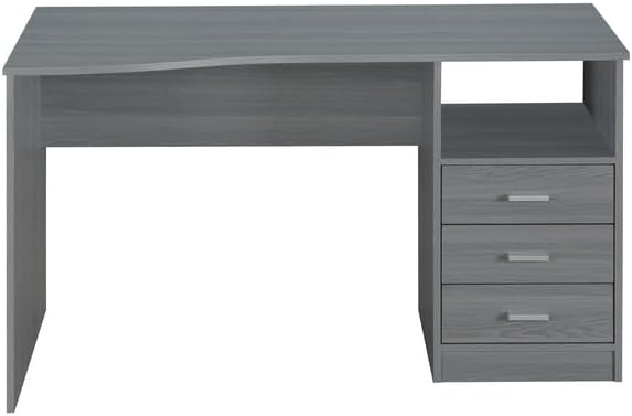 HomeStock Art Deco Dreams Classic Computer Desk with Multiple Drawers, Grey, Expansive Contoured Desktop, Three Drawers and Under Table Side Shelf for Storage, Heavy-Duty Particle Board