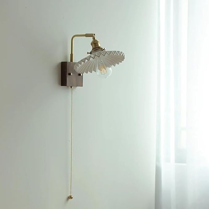 Adjustable Swing Arm Wall Lamp - Modern Walnut Base & Brass e, Retro Design with Pull Chain, Perfect for Bedroom & Living Room Lighting (White)