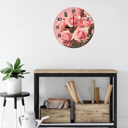 FemiaD Rose Flower Wall Clock 10inch Silent Non-Ticking Battery Operated Quartz Round Wooden Wall Clock Decorative for Kitchen Bedroom Living Room Home Decor