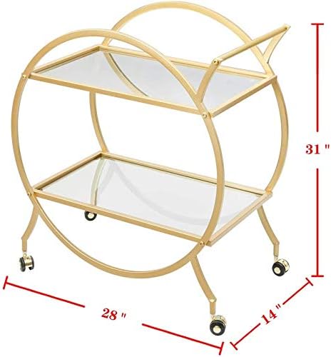 MAIKAILUN Bar Cart with 2 Mirrored Shelves, Modern Metal Bar Serving Cart with Locking Caster Wheels and Handle, Gold Round Bar Carts for The Home,Kitchen,Club,Living Room(28.34''W14.96''D31''H)