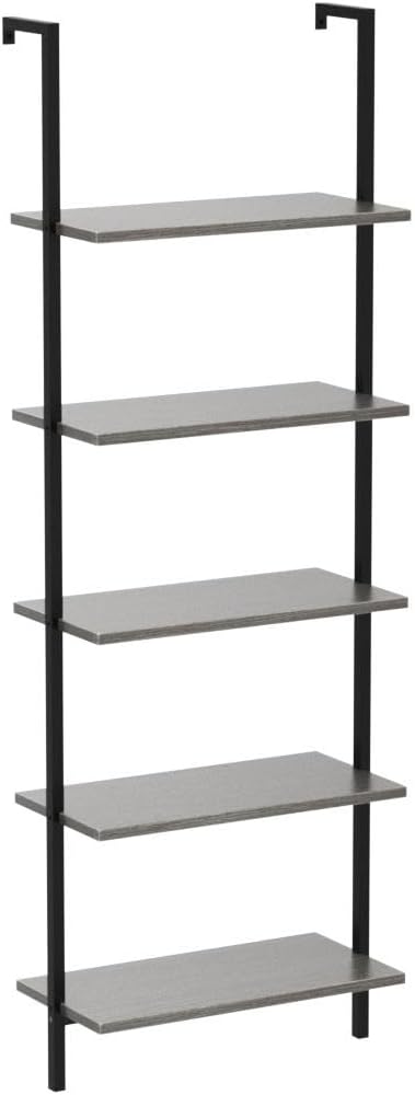Karl home Ladder Shelf 5 Tier Wall Mounted Bookcase with Metal Frame, Open Design Shelves for Living Room, Bedroom, Home, Gray (23.62" L x 11.81" W x 70.87" H)