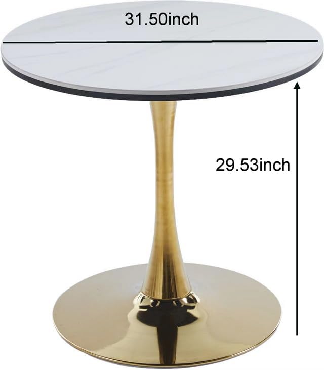 31.5" Marble Round Dining Table, Modern White and Gold Tulip Kitchen Table with Marble Tabletop & Sturdy Pedestal Base, Tulip Shape Table for Small Places, Living Room, Office, Cafe