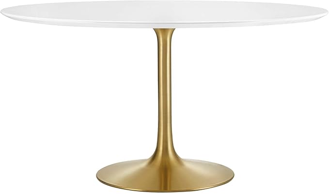 Modway Lippa 54" Mid-Century Modern Dining Table with Round White Top in Gold White