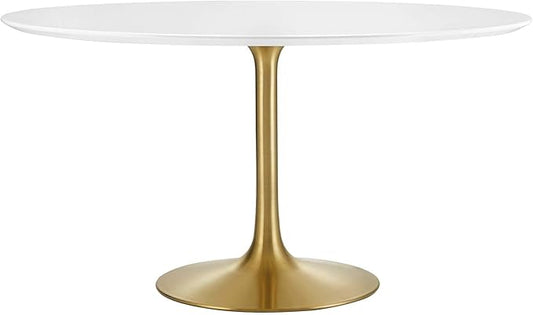 Modway Lippa 54" Mid-Century Modern Dining Table with Round White Top in Gold White