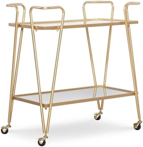 Allora Mid-Century Bar Cart, 30" x 17.38" x 31.75", Gold Finish, Iron and Mirrored Shelves, 2-Tier Design with Castors, Rustic Glam Style, Storage Accent for Entertaining and Home Use
