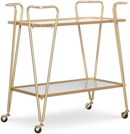 Allora Mid-Century Bar Cart, 30" x 17.38" x 31.75", Gold Finish, Iron and Mirrored Shelves, 2-Tier Design with Castors, Rustic Glam Style, Storage Accent for Entertaining and Home Use