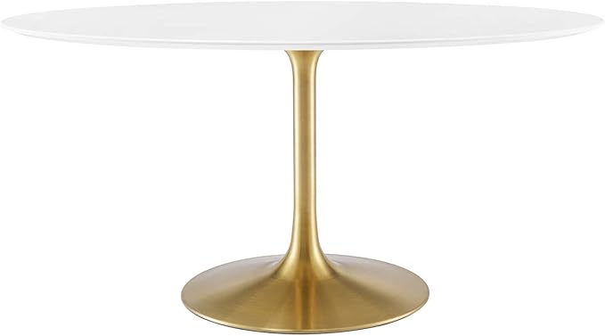 Modway Lippa 60" Oval-Shaped Mid-Century Modern Dining Table with White Wood Top and Gold Base
