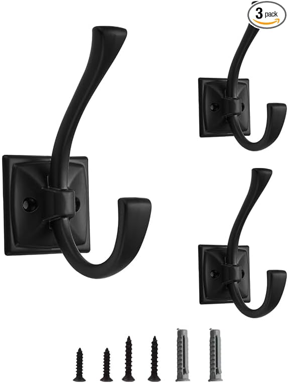 3 Pack Decorative Heavy Duty Towel Hooks for Hanging Robe Double Matte Black Coat Hooks Wall Mounted with Screws for Key, Towel, Bags, Cup, Hat