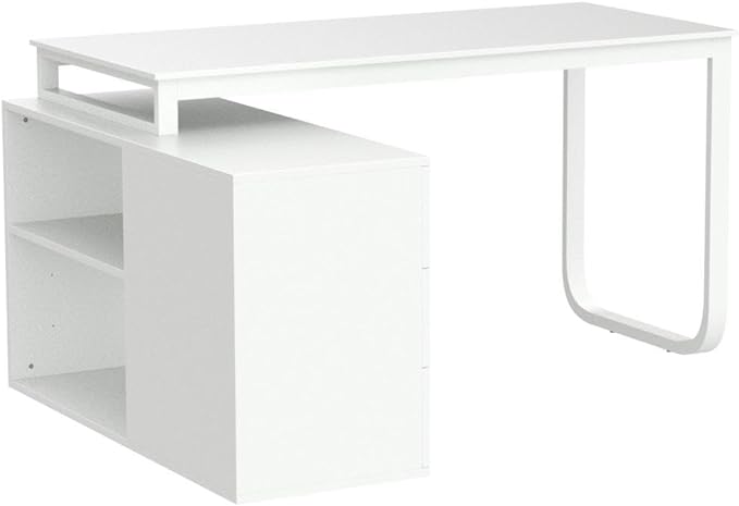 Homsee Home Office Computer Desk Corner Desk with 3 Drawers and 2 Shelves, 55 Inch Large L-Shaped Study Writing Table with Storage Cabinet - White