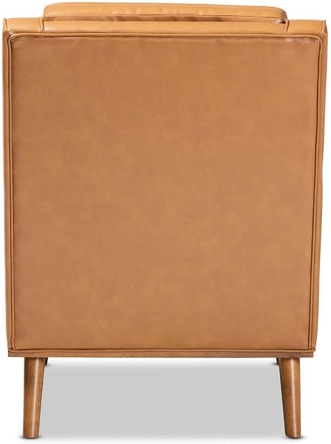 BOWERY HILL Lounge Armchair, Tan Faux Leather Upholstery, Walnut Brown Finished Wood, Button-Tufted Backrest, Removable Seat Cushion, Mid-Century Style, 37.2" H x 27.6" W x 34.1" D Accent Chair for