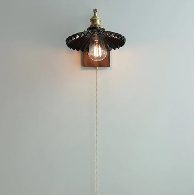 Adjustable Retro Brass Pleated Wall Sconce with Walnut Base - Stylish Swing Arm Lamp for Bedroom, Living Room & Study - Pull Chain Switch Lighting Fixture (Black)