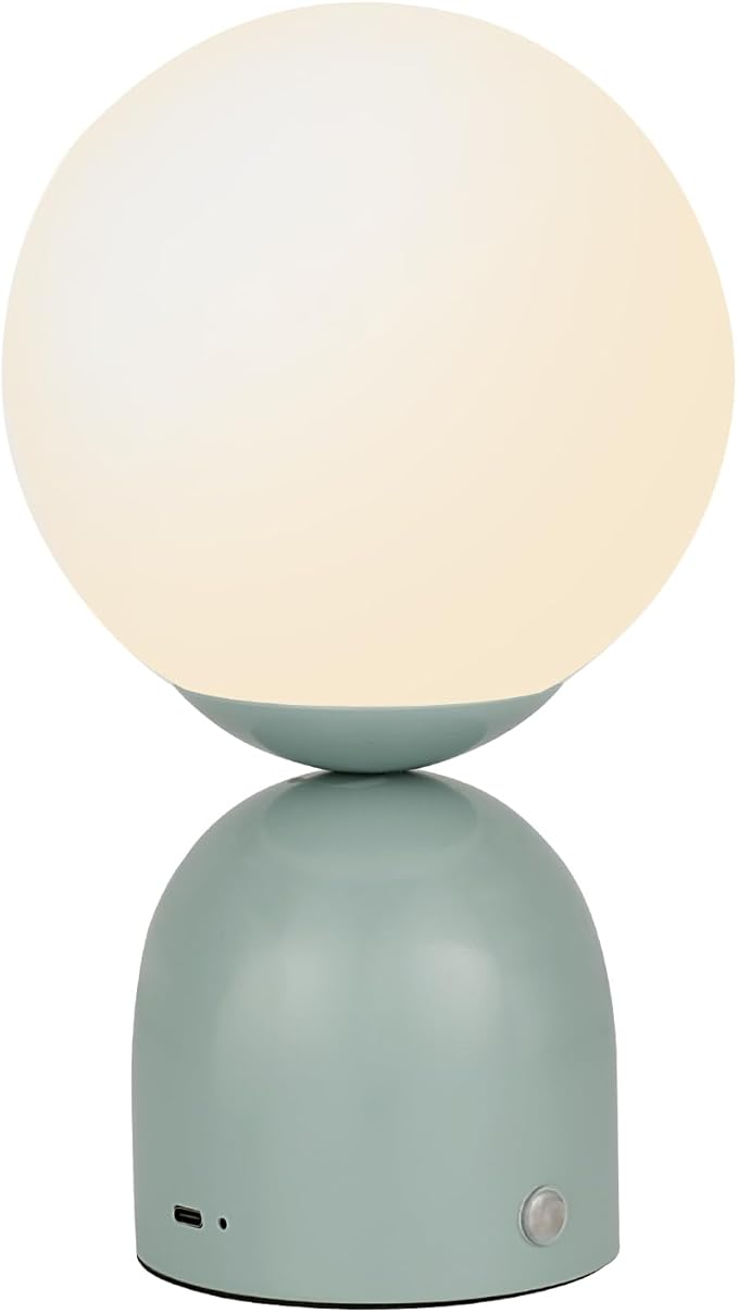Cordless Globe Glass Table lamp (Light Green), 5200-mAh Rechargeable, 3-Level Brightness Dimmable, Integrated LED 320 Lumen Max, for Bedside Nightstand Light
