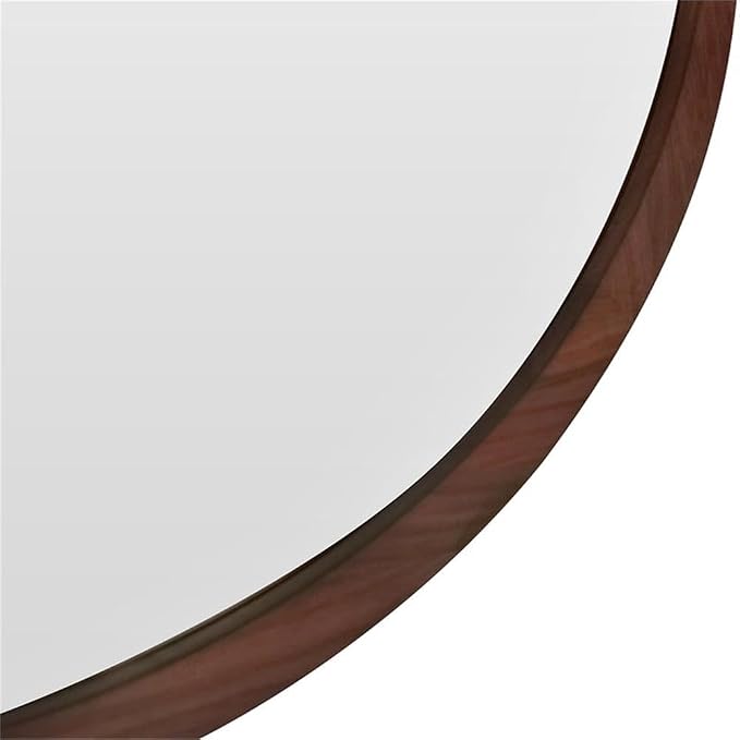 Pemberly Row 31.5" Round Accent Mirror, Walnut Wood and Veneer Frame, Brown Finish, Mid-Century Modern Design, Gunmetal Geometric Accents, Wall Mount for Entryway, Bedroom, Living Room Decor