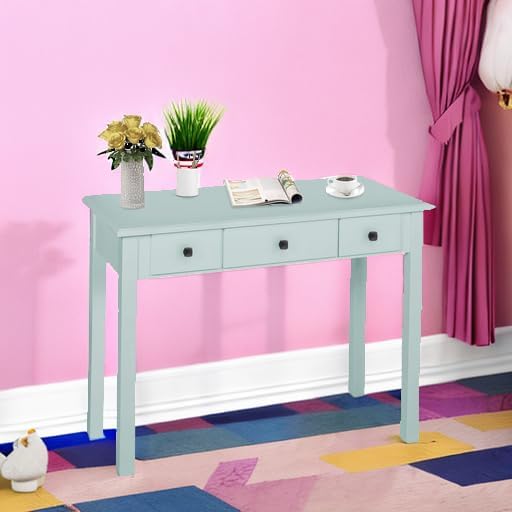 STHOUYN Home Office Small Writing Desk with Drawers Bedroom, Study Table for Adults/Student, Vanity Makeup Dressing Table Save Space Gifts Green (Light Green)