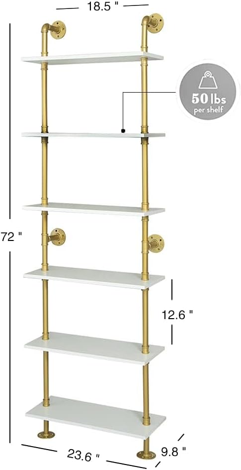 ZIOTHUM 6 Tier Gold Bookshelf, White and Gold Shelves, Modern Shelves Shelf Bookcase Metal Mid Century Open Industrial Wall Mount Accents Decor Retail Shelving Vertical for Living Room