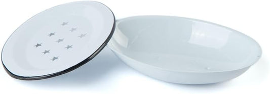 Vintage Enamel Soap Dish with Drip Tray | White with Black | Farmhouse Style Bathroom Bowl | Oval 5.5 x 4 inch