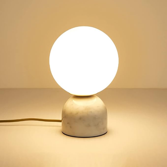 Meefad Globe Bedside Lamp, Modern Cute Night Light with Glass Shade, Marble Base, Small Table Lamp for Bedroom - White