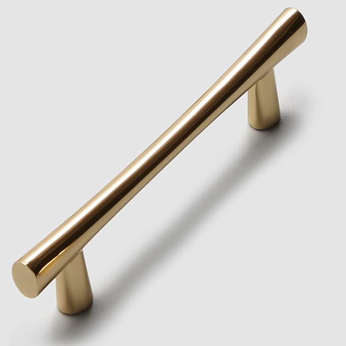 YAGU 5 Pack Bright Gold Solid Cabinet Handles, 3.75 Inch Hole Center, Polished Brass Kitchen Drawer Pulls Zinc Alloy Furniture Hardware for Bathroom Cupboard Dresser Wardrobe Closet