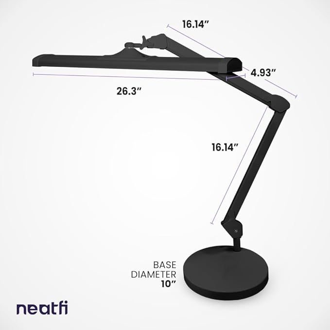 Neatfi LED Desk Lamp, 3,500 Lumens, 3 Light Modes, Dimmable, 45W, 26” Wide Shade, 540 SMD LEDs, Eye-Caring Task Lamp for Reading, Crafting, Workbench, Office (CCT with Base, Black)