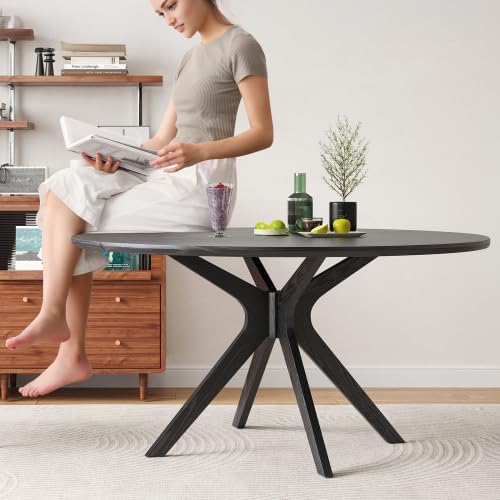 Bellemave Round Dining Table for 4-6, Solid Wood 47" Kitchen Table with Intersecting Pedestal Base, for Kitchen, Dining Room, Living Room (Black)