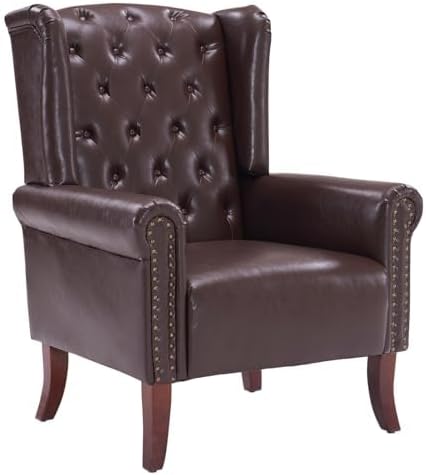 MOJAY PU Leather Accent Chair, Mid-Century Living Room Sofa Chair, Upholstered Arm Chair with Sturdy Wooden Legs, Faux Leather Club Chair for Bedroom Study Home Office Reception (Caramel)