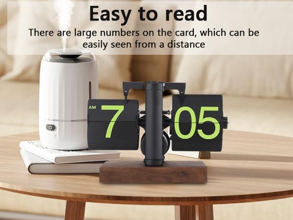 FOSA Flip Desk Clock, Retro Vintage Flip Desk Table Clock, Digital Sided Large Numbers Mechanical Flip Clock Wood Base for Living Room, Study Room and Office（Frosted Black）
