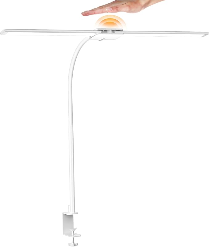 Syrinx LED Desk Lamp, Dual Head Desk Light with Clamp, 50 Lighting Modes Eye-Caring Table Lamp, Flexible Gooseneck Task Light with Motion Sensor, Wired Control, Timer & Memory Function for Home Office
