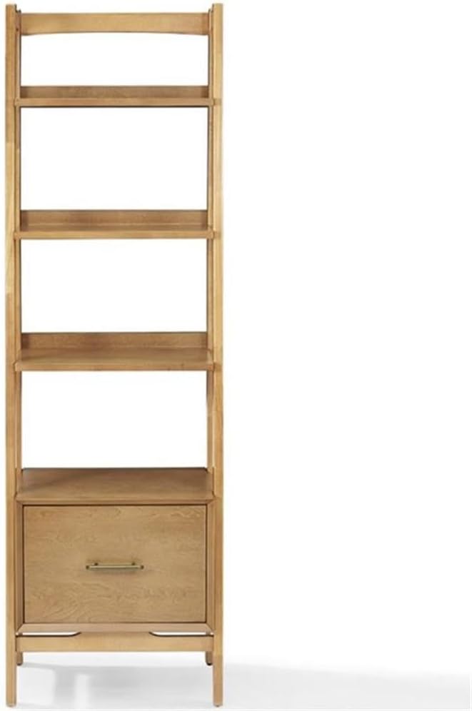 Allora 25" 4 Shelf Ladder Bookcase, Acorn Finish, MDF and Solid Hardwood, 70.13" H x 22.13" W x 15.13" D, Mid-Century Modern Style, Drawer and Fixed Shelves, Home Office or Living Room Storage