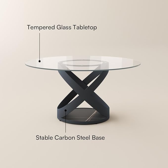 POVISON 59" Modern Round Dining Table, Glass Round Kitchen Table for 6, Glass Dining Room Table Top with Black X Carbon Steel Base for Dining Room (Dining Table Only)