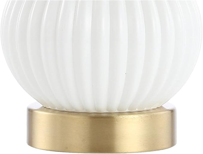 JONATHAN Y 20" White/Brass Gold Ribbed Gourd Glass Table Lamp, Modern Bedside Lamp for Bedroom Living Room, White Linen Drum Shade, LED Bulb Included JYL1099A