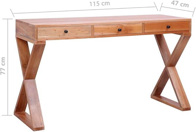 Solid Mahogany Wood Computer Desk with 3 Drawers, Rectangular Writing Table for Home Office, Medium Study Workstation, Stained Brown Finish