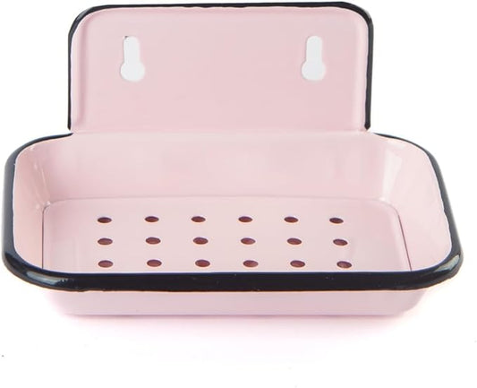Enamel Soap Dish, Pink Wall Mount with Drip Tray- 5.5 x 4 inch - Vintage Farmhouse Style (Pink Wall Mount)
