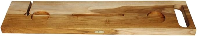 EcoDecors Eleganto 36" Live Edge Solid Teak Bath Caddy Tray with Handle, Book & Tablet Holder, Wine Glass Holders, Luxury Bathtub Tray