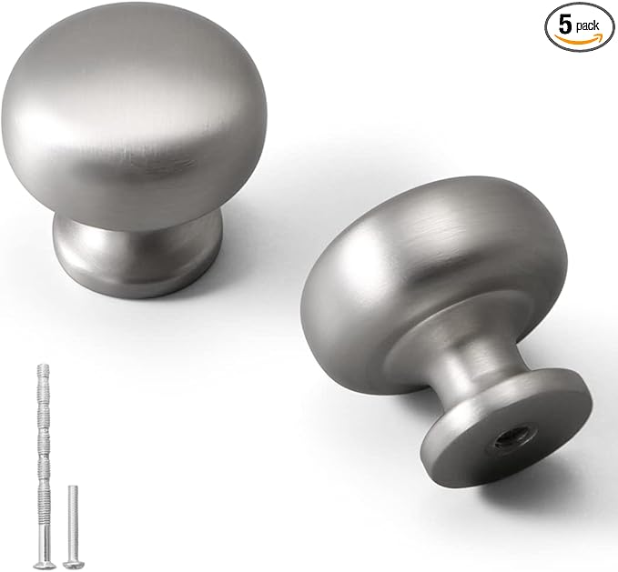 YAGU 5 Pack Round Cabinet Knobs Satin Nickel Kitchen Drawer Knob Brushed Silver Dresser Pulls Zinc Alloy Hardware for Bathroom Cupboard Closet