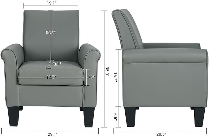 Mid-Century Modern Accent Chair, Overstuffed Leather Chairs for Living Room,Upholstered Comfy Club Chair Fake Faux Leather Armchair for Bedroom Apartment Office Lounge, PU Leather, Grey