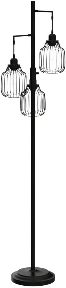Dimmable Floor Lamp with 3 x 800LM LED Edison Bulbs,Tall Standing Lamp for Living Room,Farmhouse Black Corner Floor Lamp,Bright Industrial Rustic Vintage Tree Pole Light with Cage for Bedroom Office