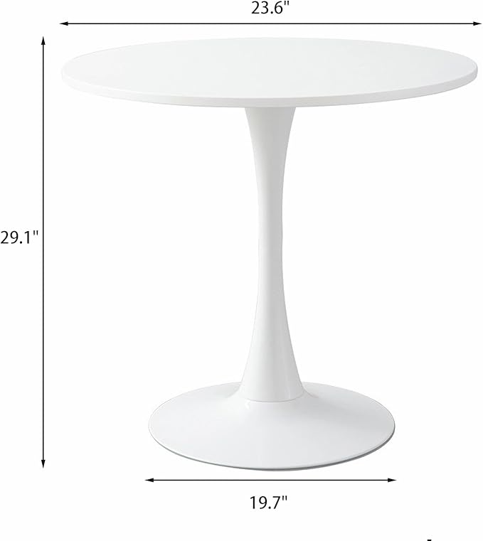 23.6 Inch Small White Round Dining Table for 2-4 Person, Mid-Century White Tulip Table with MDF Tabletop and Pedestal Base for Small Space Kitchen Dining Room