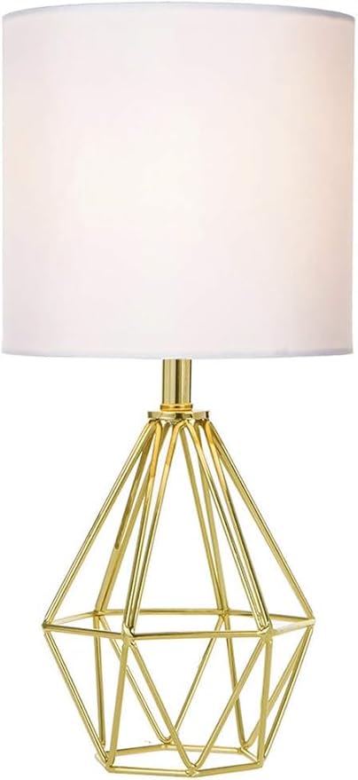 Gold Modern Small Table Lamp for Bedroom & Living Room - Geometric Metal Base, White Fabric Shade, Ideal for Bedside & Kids' Desk, Nightstand Lamp