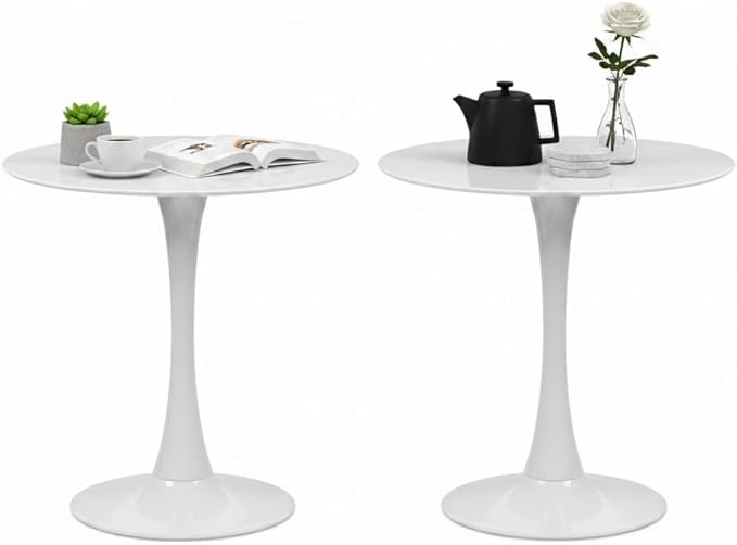 32" White Round Dining Table Set of 2, Mid-Century Modern Circular Tulip Table with Thickened Top & Sturdy Metal Pedestal, Small Round Bistro Kitchen Table for for 4 People, Easy Assembly