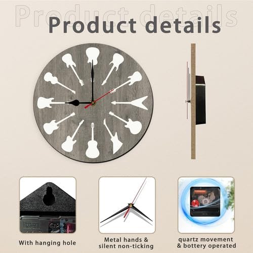 FemiaD Music Wall Clock Guitar Sign 10inch Silent Non-Ticking Battery Operated Quartz Round Wooden Wall Clock Decorative for Kitchen Bedroom Living Room Home Decor