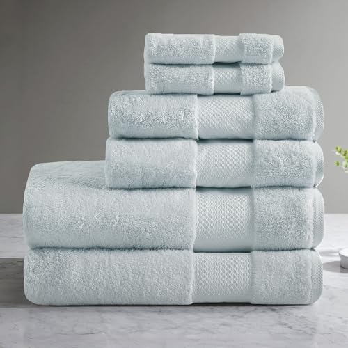 Madison Park Turkish 100% Cotton 600Gsm Luxury Premium Thick Soft Absorbent Hotel Bathroom Towel Set Shower Hand Face Washcloths, Assorted Sizes, Light Blue 6 Piece