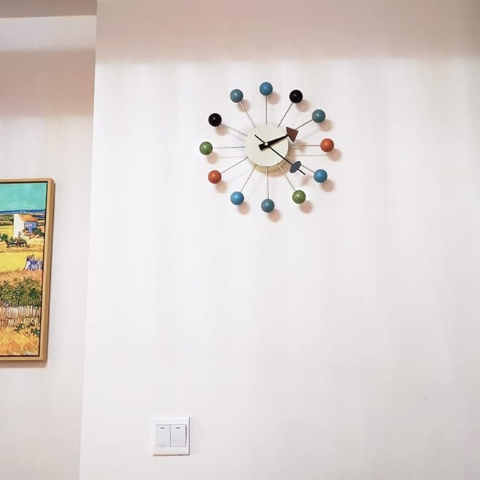 Wood Ball Wall Clock Mid Century Modern Silent Non Ticking Battery Operated 13 Inch Decorative Pop Color Quartz Clocks for Living Room Office Kitchen