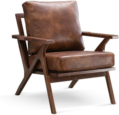 Bonzy Home Faux Leather Accent Chair for Living Room,Upholstered Armchair with Cushions and Solid Wood Frame, Mid-Century Modern Lounge Chair for Bedroom or Office,Brown
